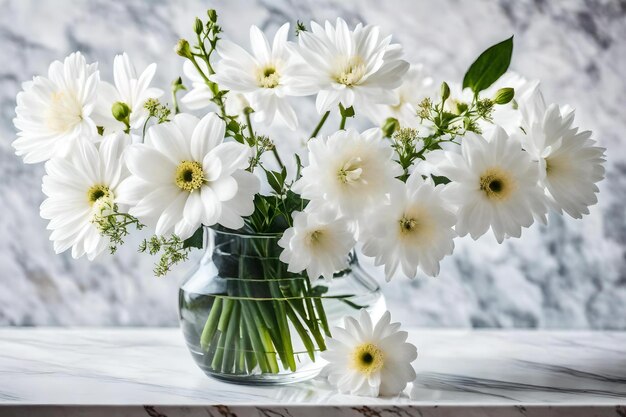 A vase with white flowers and green leaves on a table.