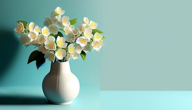 青いテーブルの上に白い花が咲いた花瓶があります。