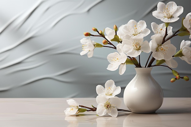 흰색 꽃이 있는 꽃병과 "봄"이라는 단어가 있는 흰색 꽃병.