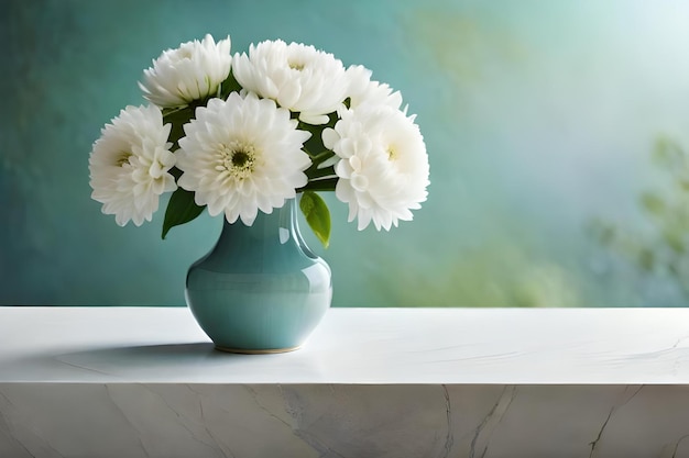 A vase with white flowers on a marble table.