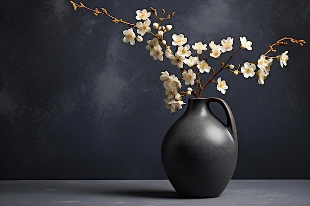 Vase with white jasmine flowers on dark background Space for text