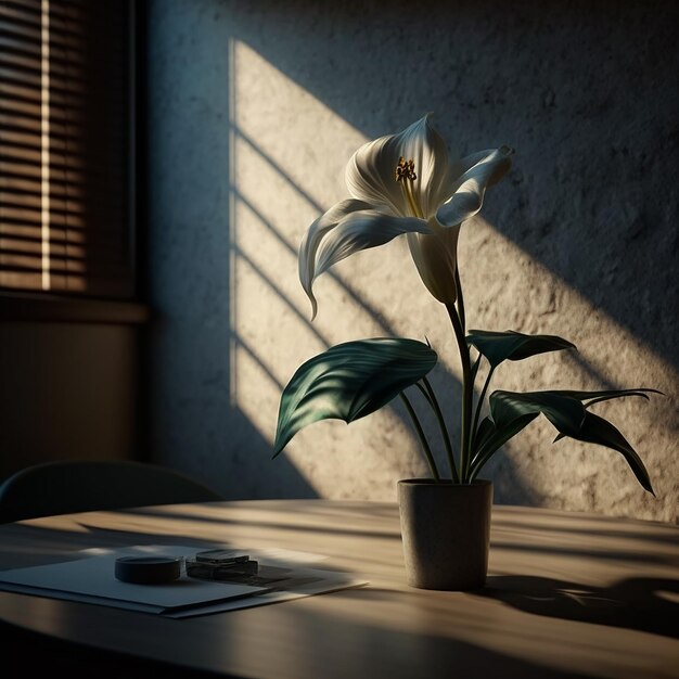 A vase with a white lily on it sits on a table.