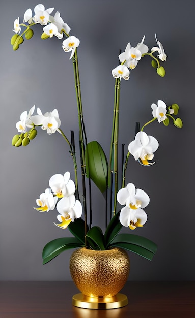 A vase with white orchids and green leaves in it