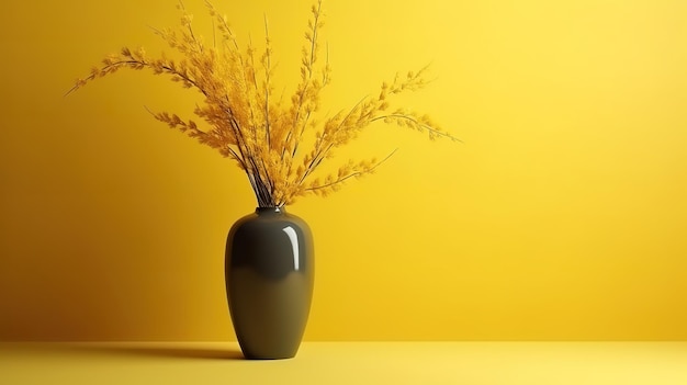 Vase with willow branches on yellow background Generative Ai