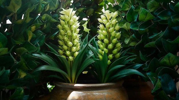 a vase with yellow flowers and green leaves with a large pot with the name quot on it