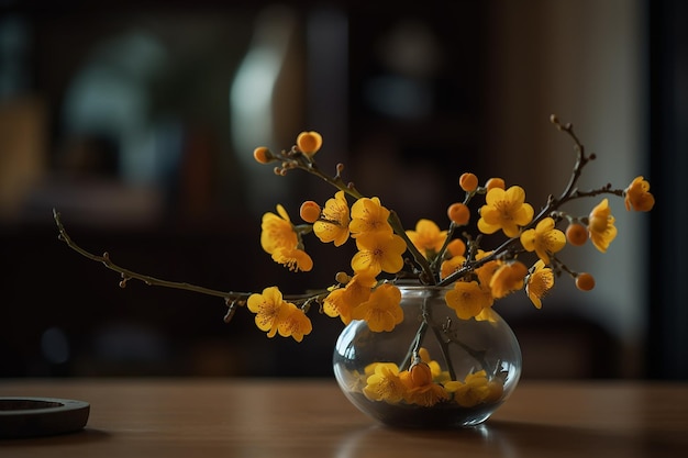 A vase with yellow flowers in it is on a table.