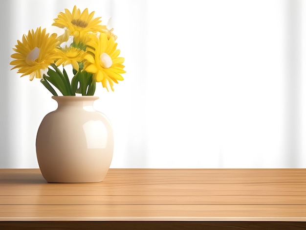 木製のテーブルの上の黄色い花の花瓶