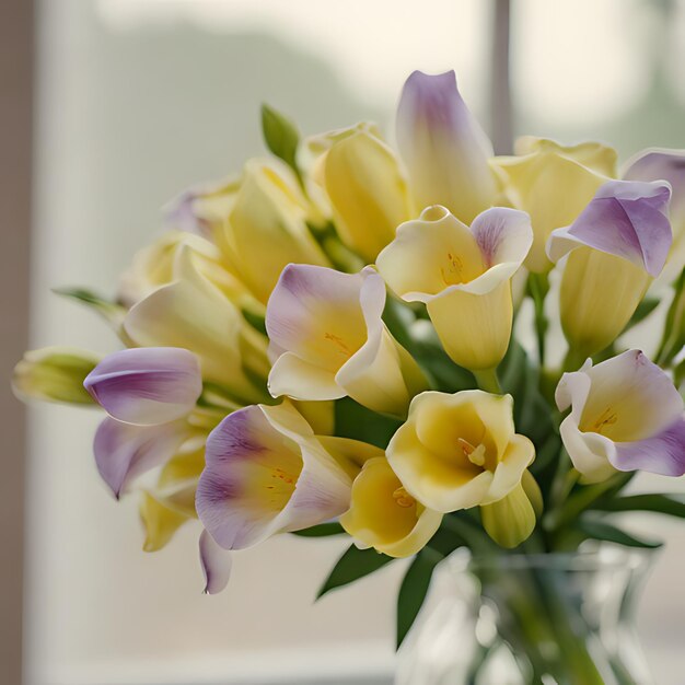 a vase of yellow and purple flowers with the word tulips on the bottom