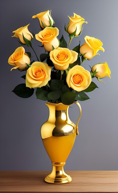 A vase of yellow roses is on a table.