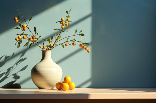 Vases and fruits bright light schadow realistic photo