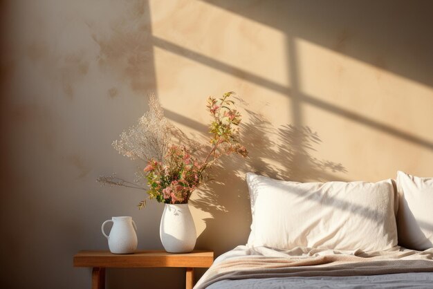 Vassen met bloemen op de nachtkastje met zonnige schaduwen in de slaapkamer in rustieke stijl