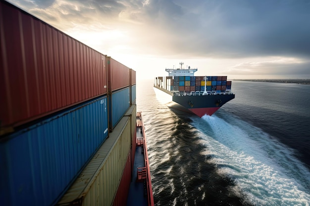 Vast Container Ship Cruising the Ocean at Sunset