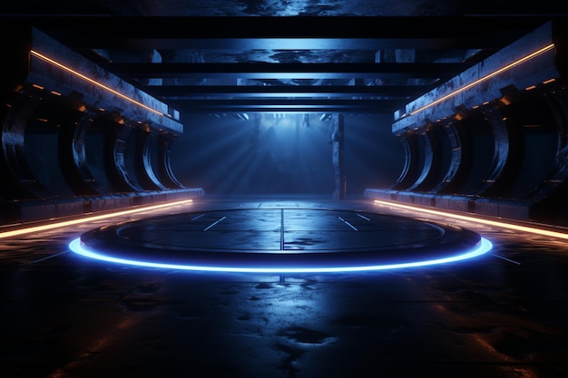 Photo vast dark chamber a portal to futuristic dimensions illuminated in 3d wonder