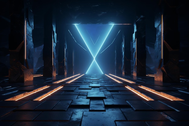 Vast dark chamber a portal to futuristic dimensions illuminated in 3D wonder