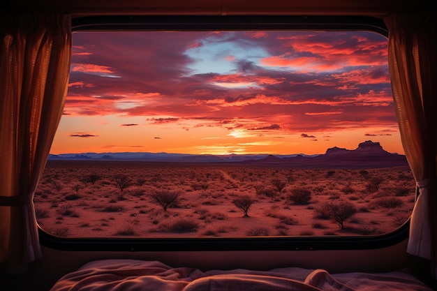 Vast desert landscape under the burning sunset captured from a caravan window