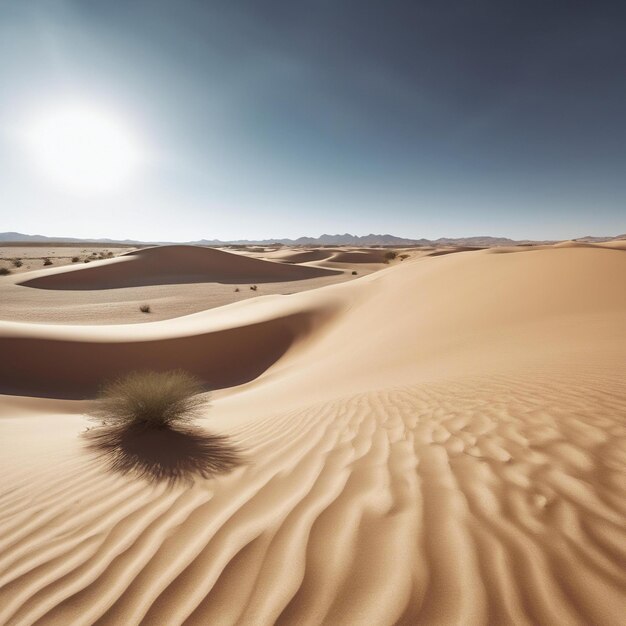 Photo vast desert with sand dunes and a lone oasis in the distance hot sun and clear blue sky peaceful