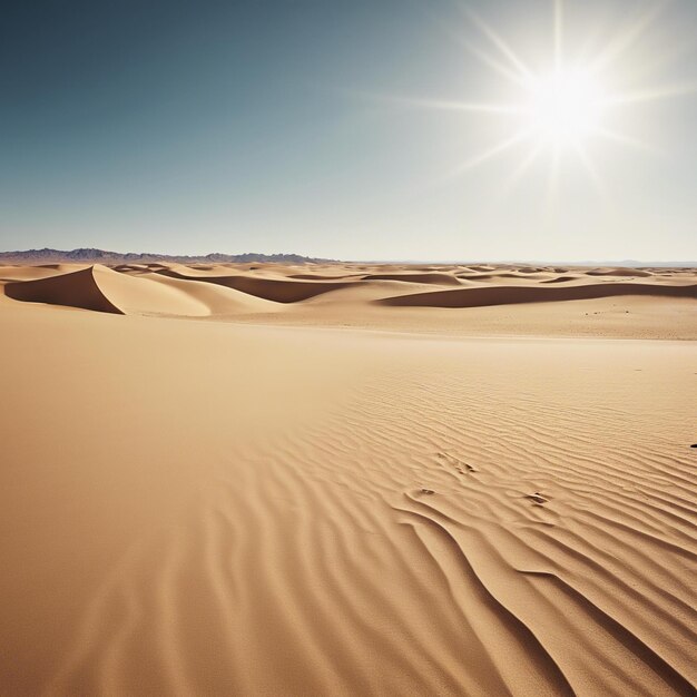 Photo vast desert with sand dunes and a lone oasis in the distance hot sun and clear blue sky peaceful