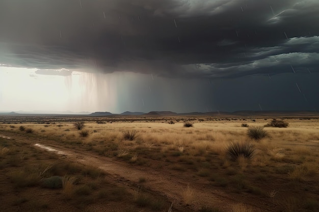 ジェネレーティブ AI で作成された嵐の雲が巻き込み、大雨をもたらす広大な砂漠