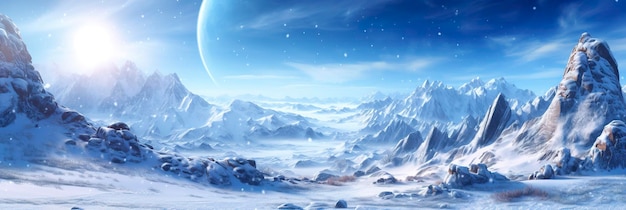 vast desolated snow land big mountains in the background snowfall with light blue sky and light blue colors peaceful atmosphere AI Generative