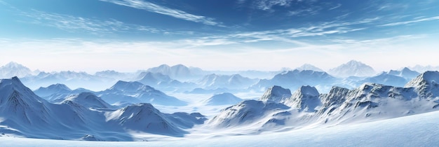 vast desolated snow land big mountains in the background snowfall with light blue sky and light blue colors peaceful atmosphere AI Generative