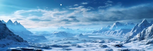 Vast desolated snow land big mountains in the background snowfall with light blue sky and light blue colors peaceful atmosphere ai generative