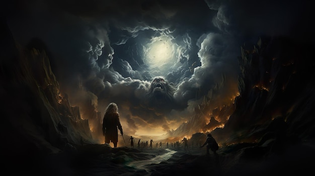 Photo vast dystopian fantasy landscape with people looking at the head forming in the clouds