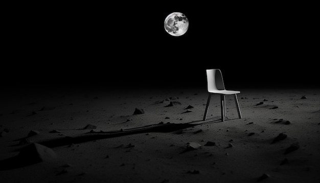 In the vast emptiness of rough moon surface a solitary chair stands