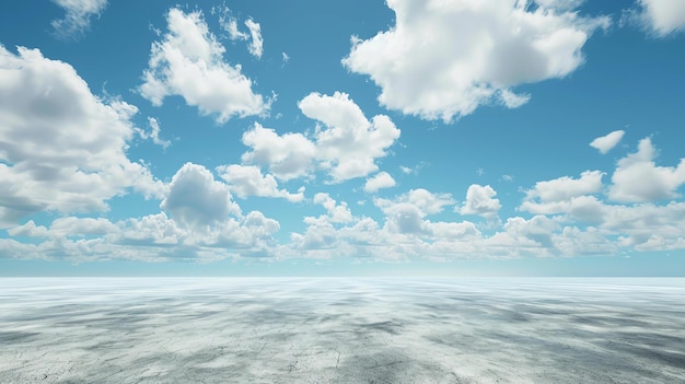 A vast empty desert landscape stretches out under a clear blue sky filled with fluffy white clouds