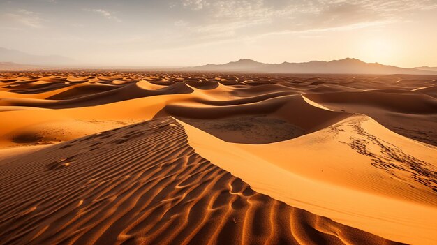 A vast expanse of sand dunes stretching out to the horizon in the Sahara desert