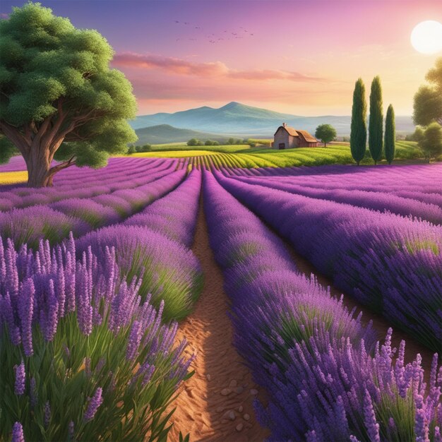 a vast field of vibrant raibow colors lavender stretching towards the horizon fragrant lavender