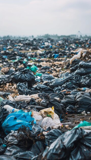 Photo a vast garbage dump site filled with heaps of black plastic bags environmental issue