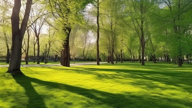 Photo vast green lawn in a spring park generative ai