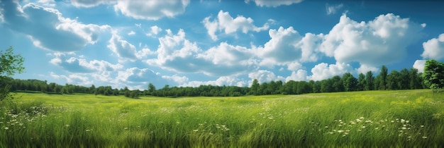 地平線まで続く広大な緑の草原と、広角で広がる空の景色 緑豊かな芝生と広い空の組み合わせが生み出す開放感と静けさ ジェネレーティブAI