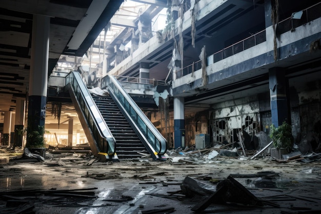 Vast in het voorgeborchte Interieur van een onvoltooid winkelcentrum Nergens gebonden roltrappen en grote opening