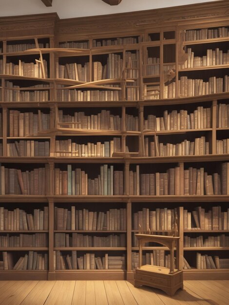튼튼 한 오크 나무 선반 에 무질서 하게 쌓여 있는 고대 책 들 의 거대한 도서관