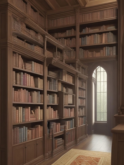 A vast library of ancient tomes stacked haphazardly on sturdy oak shelves