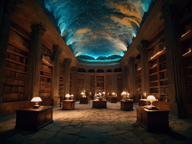 Photo a vast library carved inside an ancient mountain with books that glow when touched
