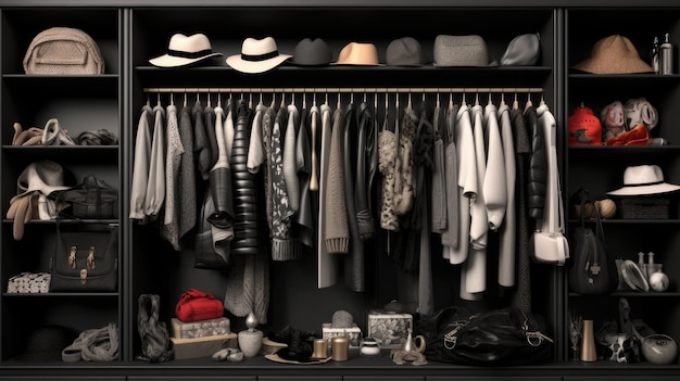 Photo a vast monochrome closet filled with an extensive collection of clothes a woman donning a stylish and aesthetic outfit in the modern minimalism style