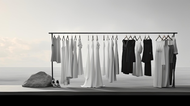 Photo a vast monochrome closet filled with an extensive collection of clothes a woman donning a stylish and aesthetic outfit in the modern minimalism style