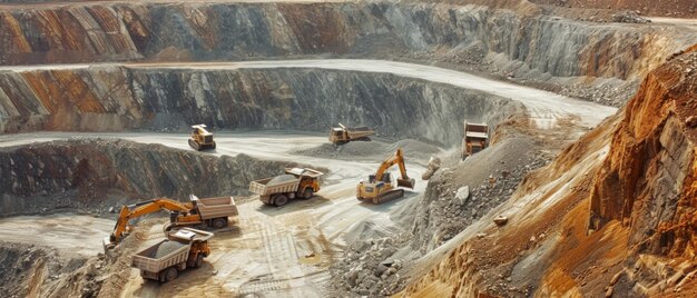 Photo a vast openpit mine operates under a hazy sky with heavy machinery in motion