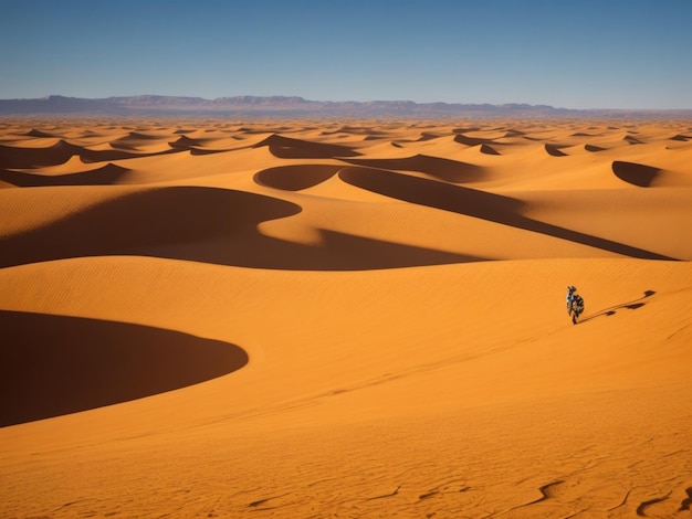 A vast otherworldly desert landscape with towering sand dunes stretching as far as the eye can see