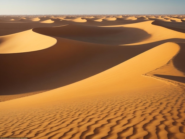 A vast otherworldly desert landscape with towering sand dunes stretching as far as the eye can see