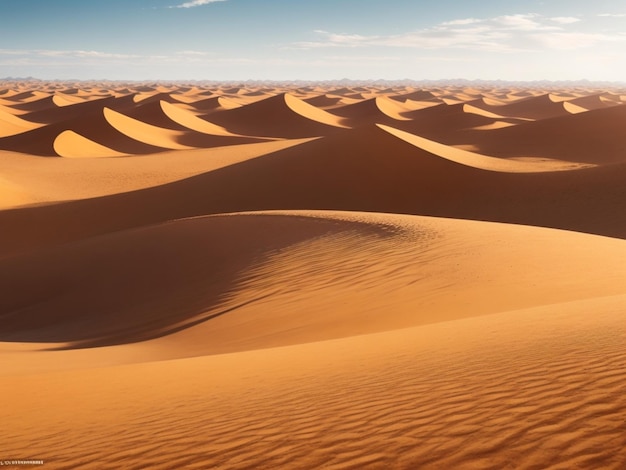 A vast otherworldly desert landscape with towering sand dunes stretching as far as the eye can see