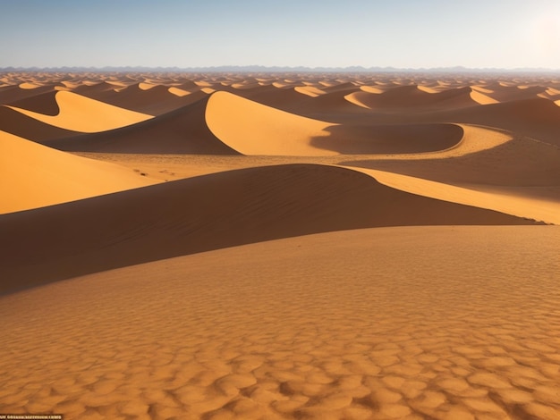 Огромный потусторонний пустынный ландшафт с возвышающимися песчаными дюнами, простирающимися настолько далеко, насколько хватает глаз.