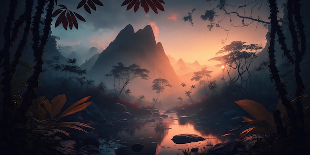 Vast rainforest with a river on a sunset evening with tall mountains created with generative AI