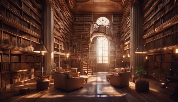 Photo a vast sunlit library with towering bookshelves spiral staircases and cozy reading spaces