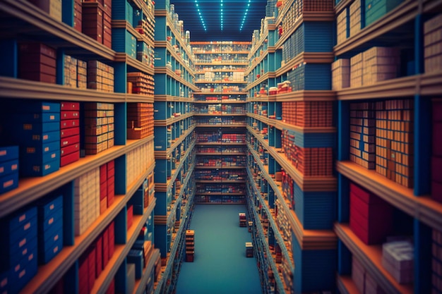 A vast warehouse with rows upon rows of towering shelves filled with boxes