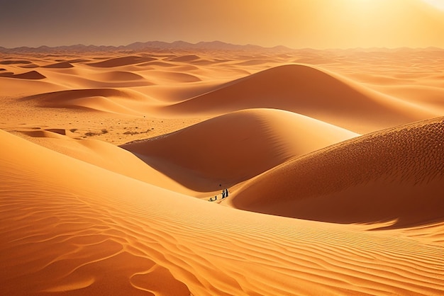 ハイパーレアリスムで捉えた、風が吹きすさぶ広大な砂漠と、移動する砂丘と頭上に輝く太陽