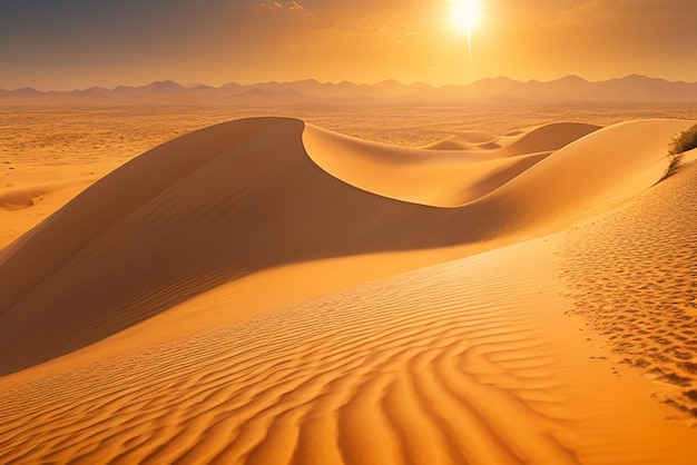 A vast windswept desert with shifting sand dunes and a blazing sun overhead captured in a hyperreali