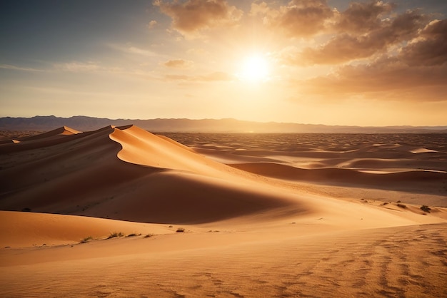 A vast windswept desert with shifting sand dunes and a blazing sun overhead captured in a hyperreali